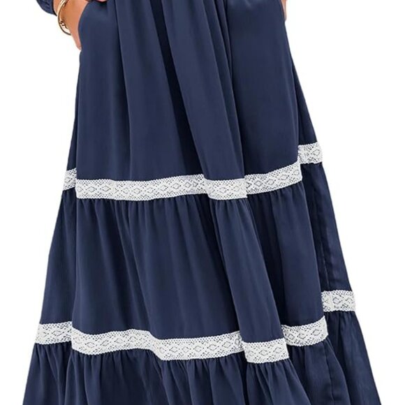 Dresses & Skirts - Womens Maxi Dress Long Sleeve Boho Lace Trim Pockets Casual Formal